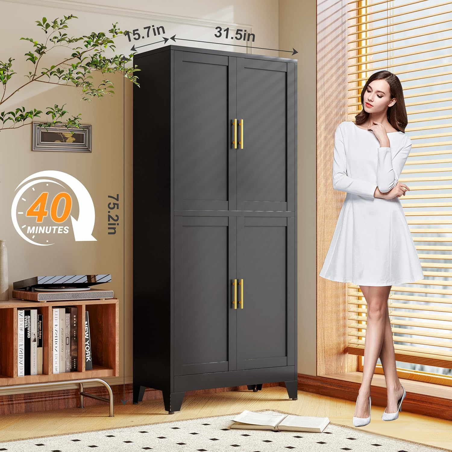 75.2" Tall Metal Pantry Cabinet, Storage Cabinets with 4 Door and 4 Adjustable Shelves, Black Kitchen Pantry Storage Cabinet, Freestanding Cupboard for Kitchen Dining Room Living Room Bathroom