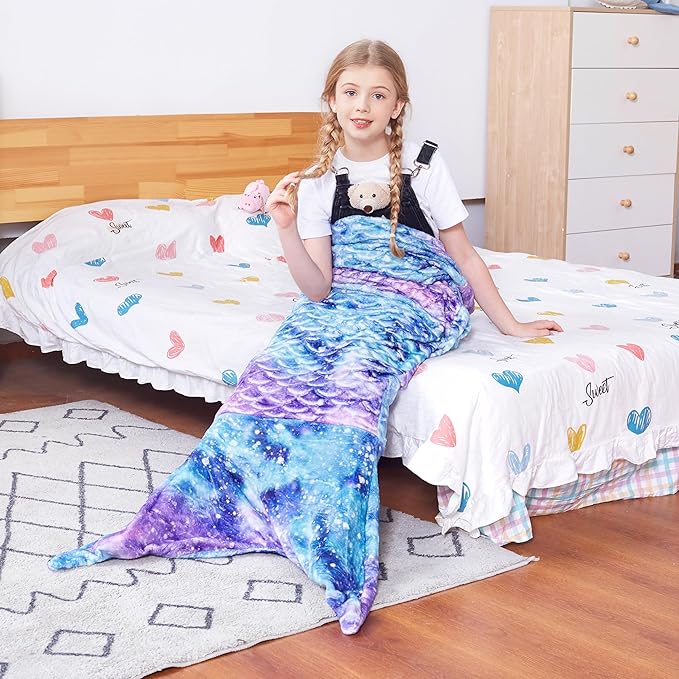 Catalonia Kids Mermaid Tail Blanket, Super Soft Plush Flannel Sleeping Snuggle Blanket for Girls, Galaxy, Fish Scale Pattern, Gift Idea