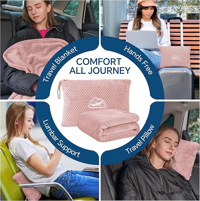 BEDELITE Travel Blanket and Pillow Set, Portable and Packable Jacquard Travel Blanket Airplane Compact with Bag, Airplane Blanket Travel Essentials for Women with Luggage Sleeve & Backpack Clip, Pink