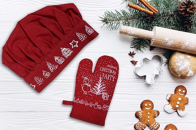 AMOUR INFINI 100% Cotton Christmas Party 3-Piece Kitchen Set| Kid's Aprons, Oven Mitts, and Chef Hats| Kitchen Play,Cooking,Grilling,Baking,Thanksgiving, for Girls, Boys & Junior Chefs