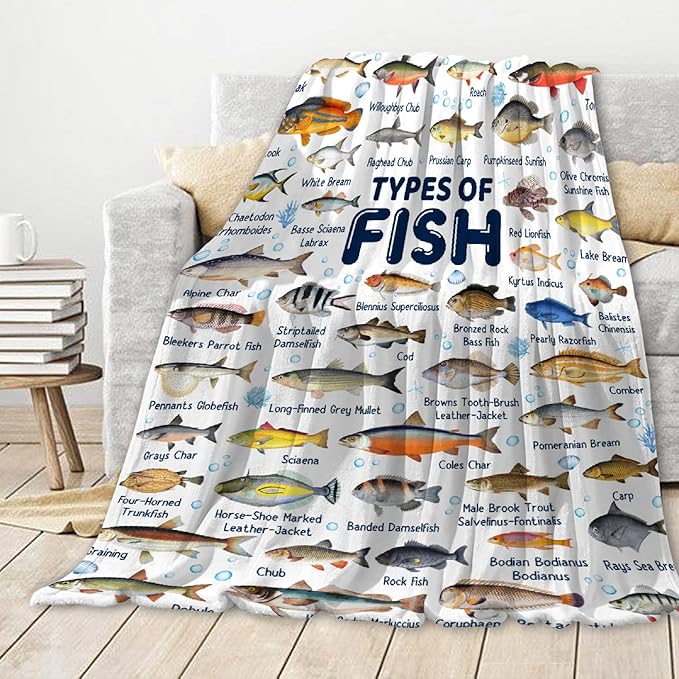Fish Throw Blanket,Types of Fish Blanket Fish Blanket Gifts,Ultra Soft Lightweight Flannel Blankets Warm Fuzzy Cozy Plush Blankets for Couch Sofa Bed Living Room,Kids Size-40"x50"