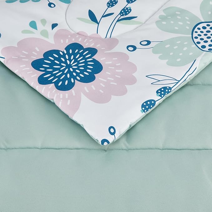 Amazon Basics 5 Piece Microfiber Kid's Bed-in-a-Bag Bedding Set, Twin, Bluish Flowers, Floral