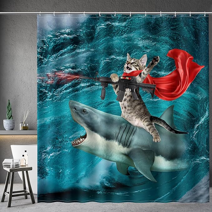Funny Shark Cat Shower Curtain - Cute Cat Riding Shark in Ocean Fun Shower Curtains Set with 12 Hooks for Adults Bathroom Decor Accessories, 72"x72", Blue Red