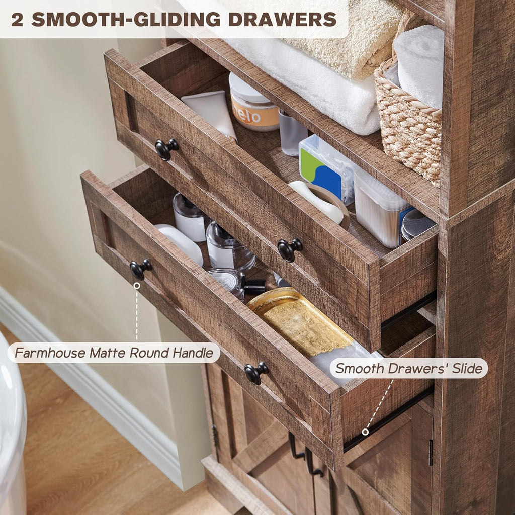 Farmhouse Bathroom Cabinet, 72" Tall Storage Cabinet with 2 Drawers, Adjustable Shelves & Barn Door, Cabinets for Bathroom, Living Room, Kitchen, Rustic Brown