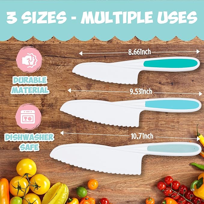 Kid Knives 3 Piece Nylon Kitchen, Kid Safe Knives, Kids Knives for Real Cooking, Toddler Knives Kids Knife Set for Cooking and Baking Kid Friendly Knives - (Multi Blue)