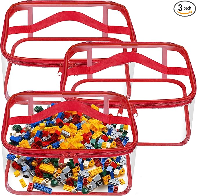 3 Packs Clear Toy Storage Bags- 9.4 x 6.7 x 4.3 Inch Transparent PVC Toy Organizing Bags with Zipper- Waterproof Toy Storage Organizer Pouch for Building Blocks, Small Toys (Red)