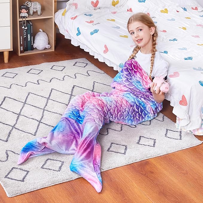 Catalonia Kids Mermaid Tail Blanket, Super Soft Plush Flannel Sleeping Snuggle Blanket for Girls, Rainbow Tie-dye, Fish Scale Pattern, Gift Idea