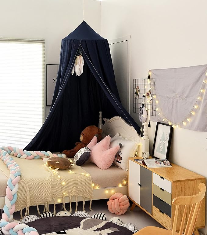 Mengersi Bed Canopy Play Tent for Kids, Round Dome Kids Mosquito Net Indoor Outdoor Castle Hanging House Decoration Reading Nook (Dark Blue)