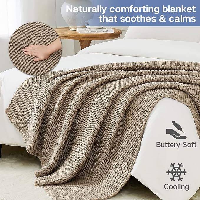 Knitted Weighted Blanket(Beige 60"x80" 15lbs),Home Décor Cooling Throw Blanket for Hot Sleepers,Hand Made Chunky Knit Heavy Blanket for Adults Use on Queen/King Size Bed