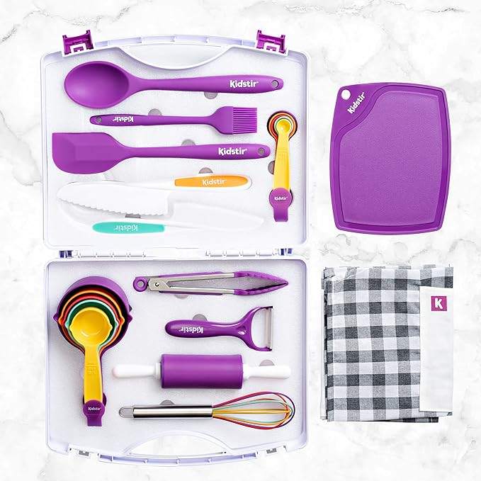 KIDSTIR Kids Cooking Sets Kids Baking Set 34 Piece Real Cooking Set for Kids with Organizer Carrying Case, Kids Cooking Utensils for Girls and Boys Kid Cooking Gift Set and Baking Set for Kids