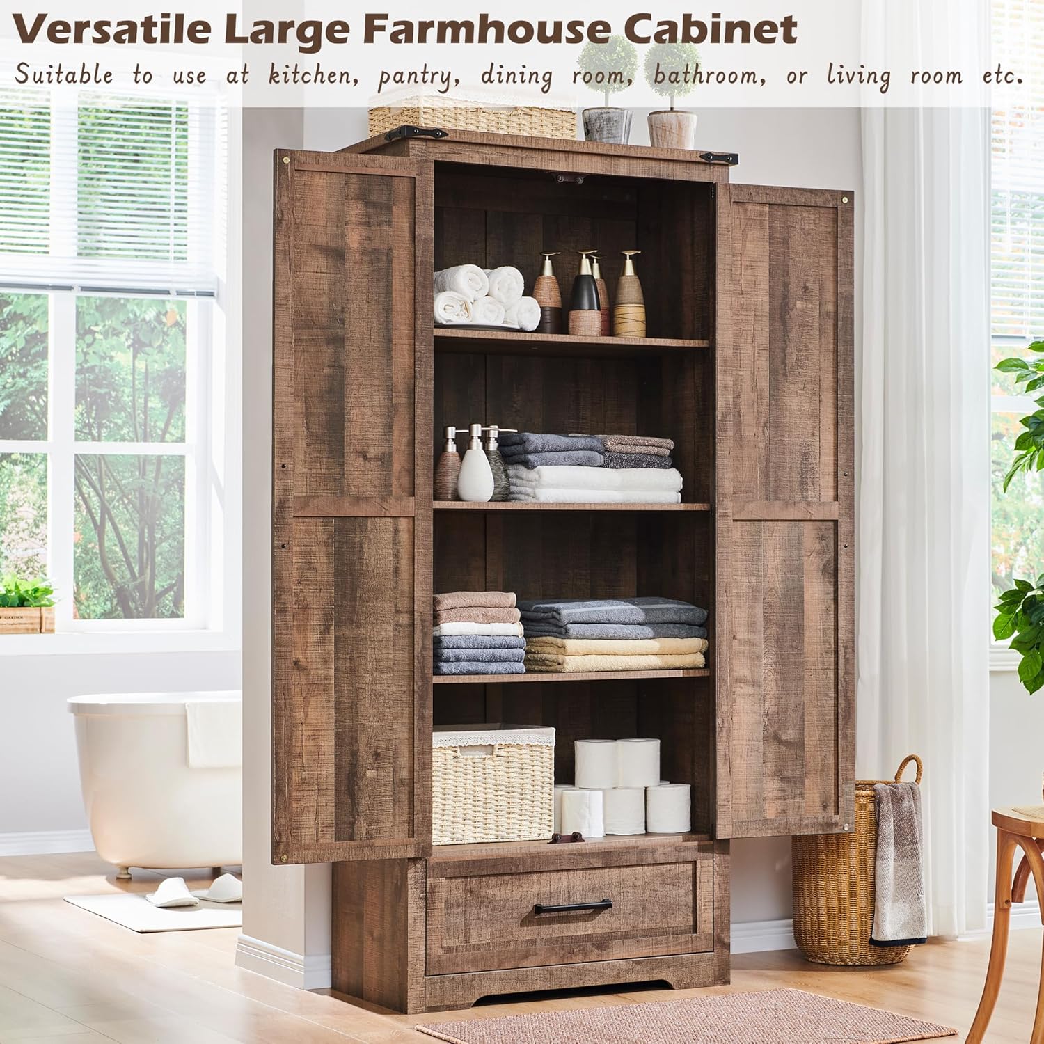 72" Tall Wood Storage Cabinet, Farmhouse Kitchen Pantry Cabinet with Adjustable Shelves & Drawer & Barn Doors, Versatile Storage for Kitchen, Dining Room, Bathroom, Light Brown