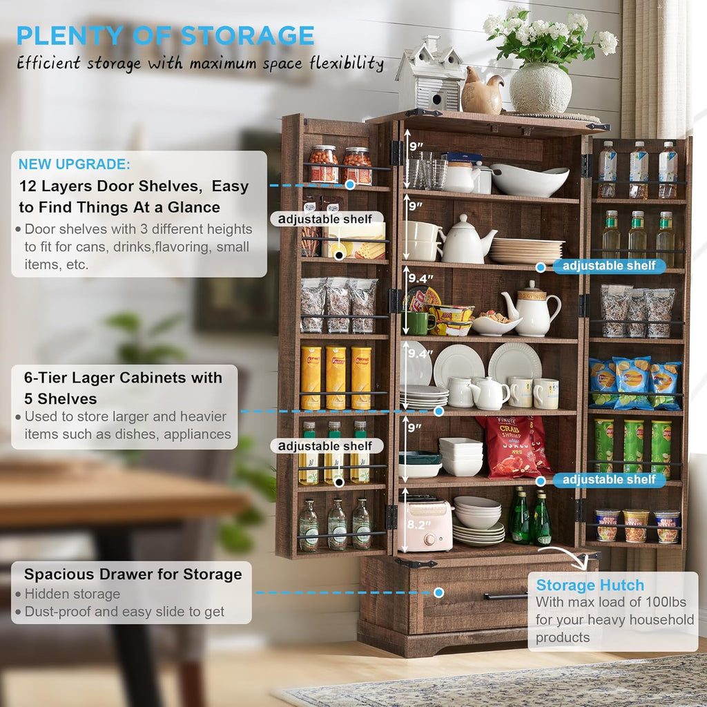 72" Farmhouse Kitchen Pantry Cabinet With Drawer, Tall Storage With 2 Barn Doors and Shelves, Versatile Large Rustic for Dining Room, Bathroom, Living Room, Rustic Brown