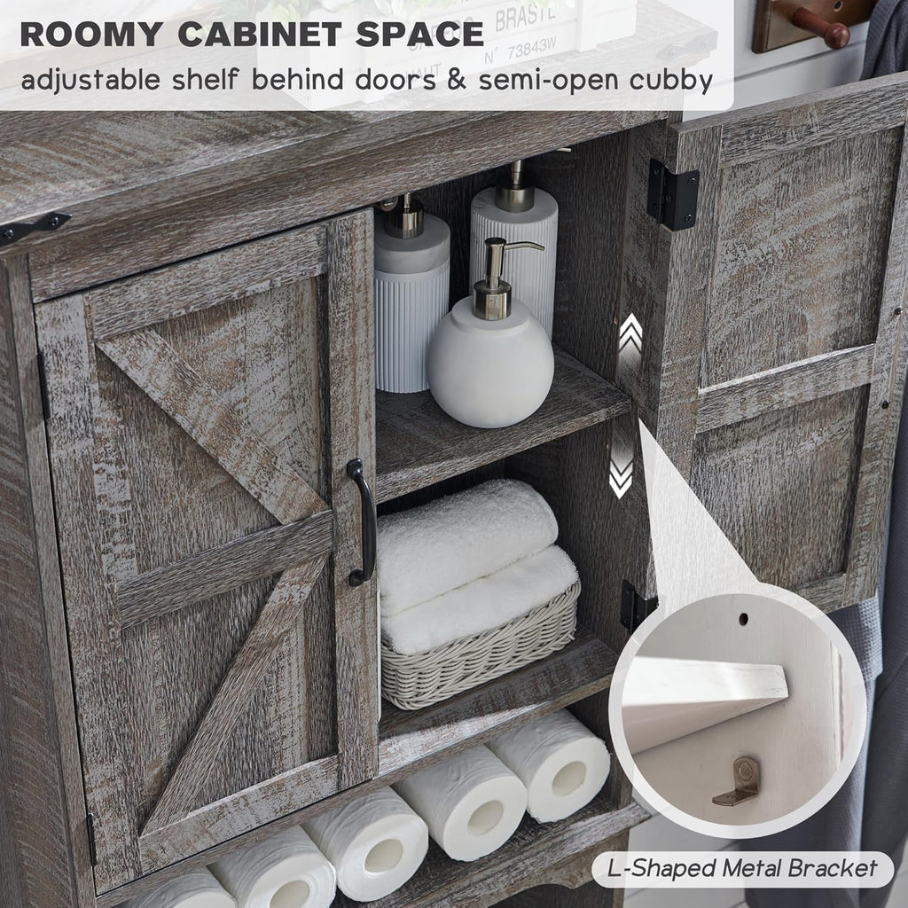 Over The Toilet Storage Cabinet, Farmhouse Bathroom Cabinet with Adjustable Shelf & Barn Door, 67" Tall Over The Toilet Shelf, Grey Wash