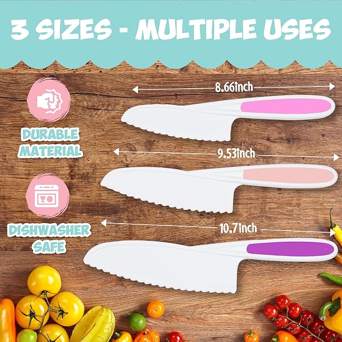 Kid Knives 3 Piece Nylon Kitchen, Kid Safe Knives, Kids Knives for Real Cooking, Toddler Knives Kids Knife Set for Cooking and Baking Kid Friendly Knives - (Multi Pink)
