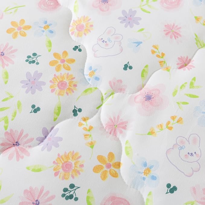 Wajade Floral Comforter Set Bed in A Bag Queen Size 7 Piece Botanical Flower Green Leaves Rabbits Bedding Set for Girls (1 Comforter, 1 Flat Sheet, 1 Fitted Sheet, 2 Pillowcase and 2 Pillow Sham)