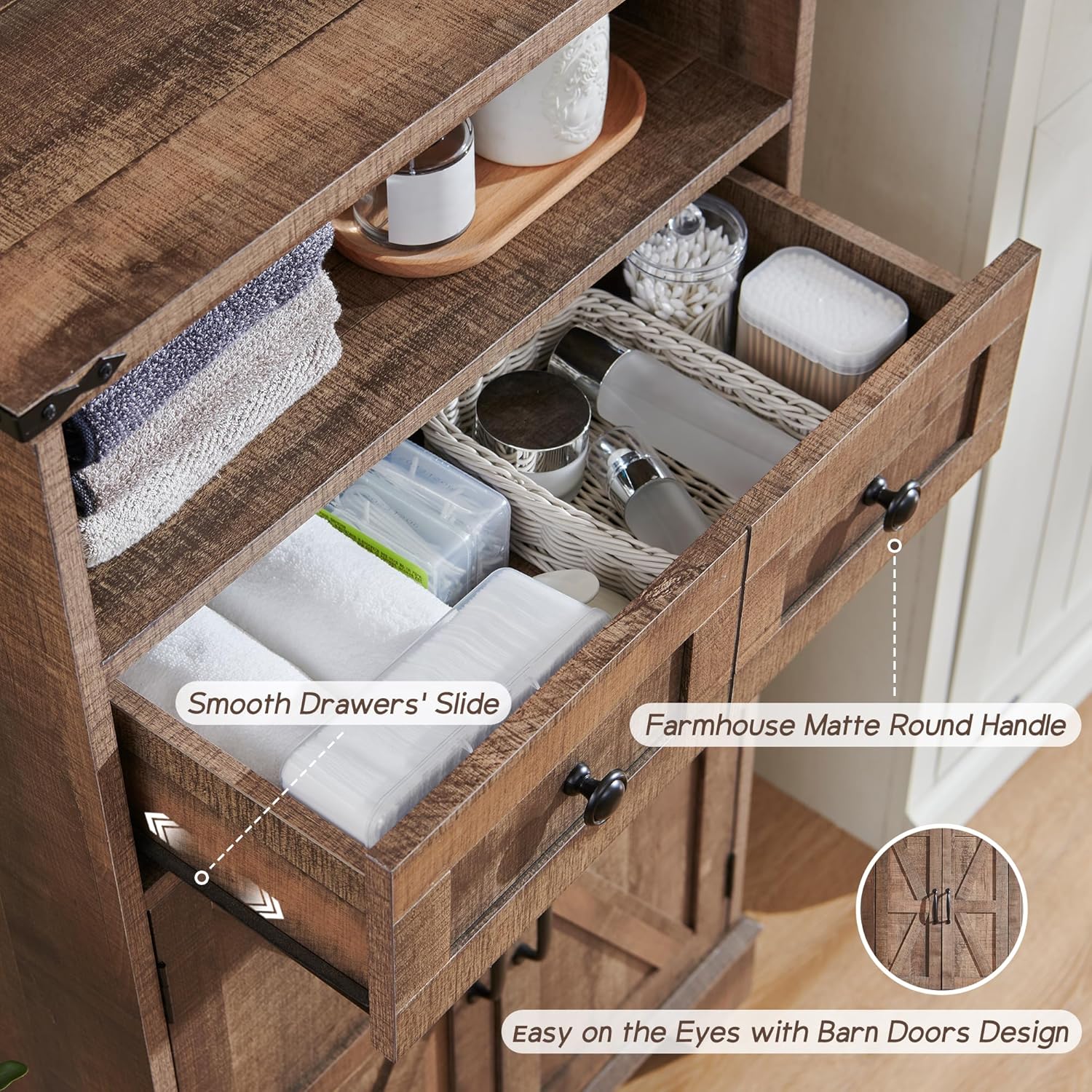 Bathroom Floor Cabinet, Farmhouse 24" Wide Cabinet with Drawer, Adjustable Shelf, Barn Doors, Cabinets for Bathroom, Kitchen, Living Room, Rustic Brown