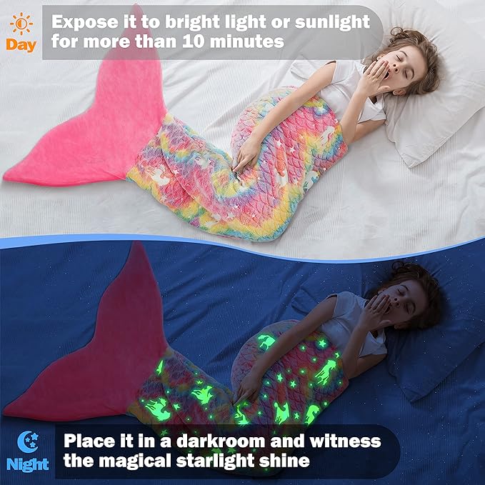Catalonia Mermaid Tail Blanket for Girls, Glow in The Dark Mermaid Sleeping Bag, Unicorn Pattern, Gift Idea for Kids