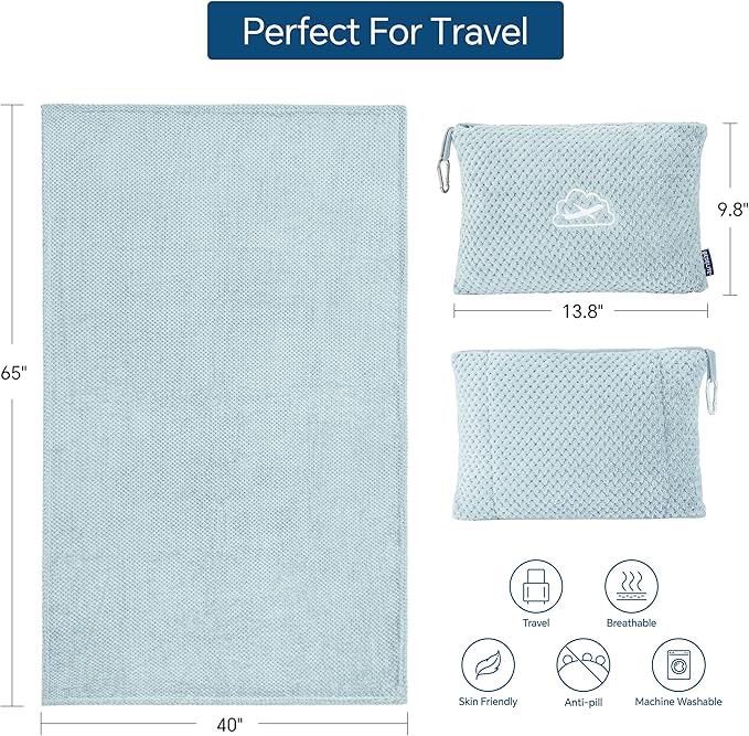 BEDELITE Travel Blanket Airplane Compact with Bag, Portable and Packable 2 in 1 Jacquard Travel Pillow and Blanket Set, Airplane Blanket Travel Essentials with Luggage Sleeve & Backpack Clip, Blue