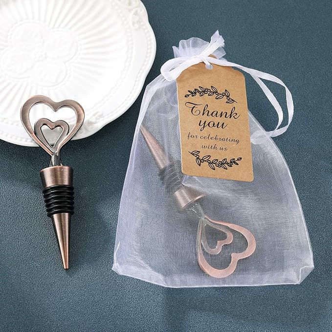 24PCS Double Heart Shape and Beverage Wine Bottle Stoppers Love Design Wine Caps Reusable Plug Keep Wine Fresh for Wedding Birthday Baby Shower Gifts for Guests (24,Bronze Heart)