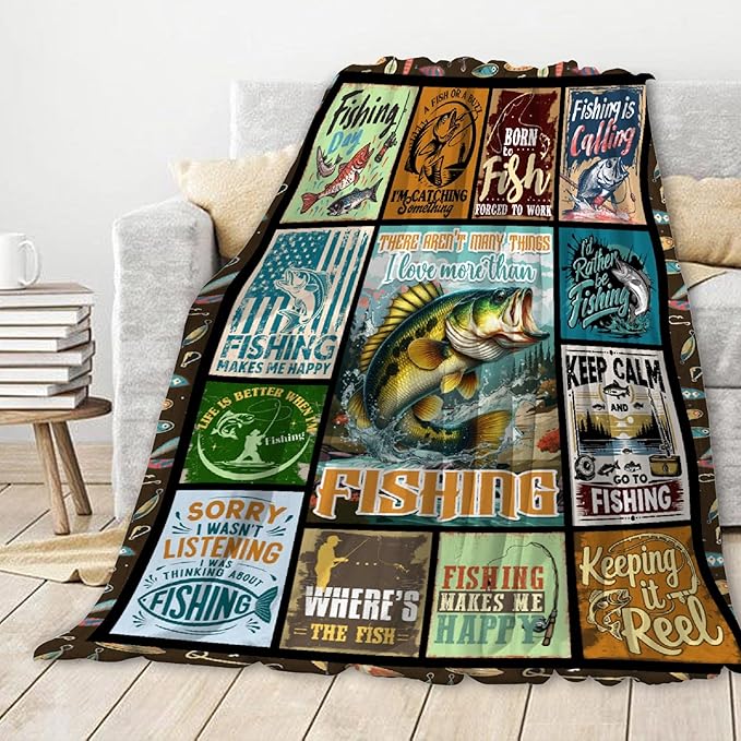 Fish Blanket,Fishing Gifts for Men,Fishing Lovers Blanket Gift,Fathers Day Fishing Gifts for Men,Gifts for Fisherman,Dad,Birthday Gifts for Men Who Love Fishing Throw Blankets,Family Size-90"x120"