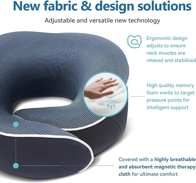 Orthopedic Neck Pillow Travel Neck Pillows for Airplanes, Memory Foam Kit, Updated Resting Material, Airplane Travel Set with 3D Contoured Eye Masks, Earplugs, and Luxury Mesh Bag (Blue)