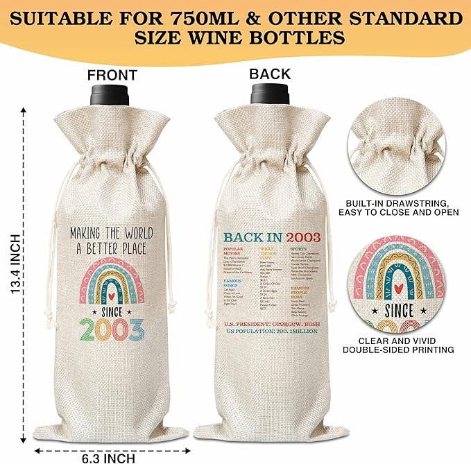 21st Birthday Gift For Women Men, Back In 2003 Birthday Wine Bag, Boho Rainbow Birthday Party Decoration Wine Bag Gifts, Happy 21st Birthday Decor For Mom Dad Grandma Grandpa, A01
