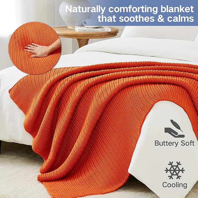 Knitted Weighted Blanket(Orange 50"x75" 12lbs),Home Décor Cooling Throw Blanket for Hot Sleepers,Hand Made Chunky Knit Heavy Blanket for Adults Use on Full Size Bed