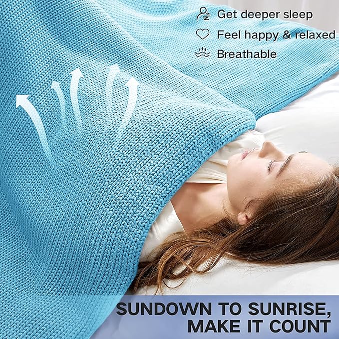 Knitted Weighted Blanket(Blue 50"x75" 15lbs),Home Décor Cooling Throw Blanket for Hot Sleepers,Hand Made Chunky Knit Heavy Blanket for Adults Use on Full Size Bed