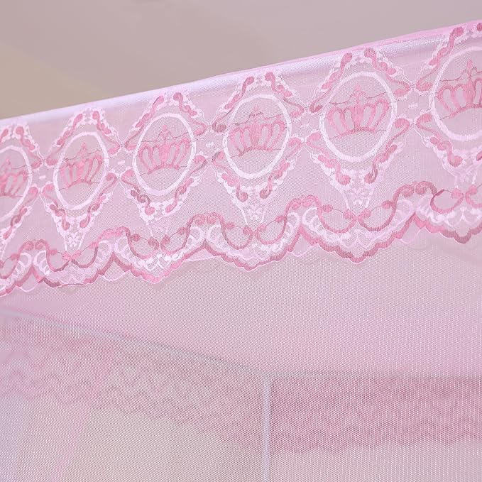 Bed Canopy, Princess Bed Curtain Net for Girls & Adults，Three-Doors Rectangle Lace Dome Netting (Baby Pink, Queen)