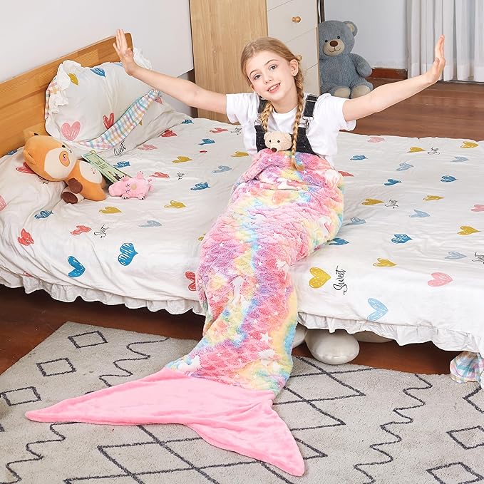 Catalonia Mermaid Tail Blanket for Girls, Glow in The Dark Mermaid Sleeping Bag, Unicorn Pattern, Gift Idea for Kids