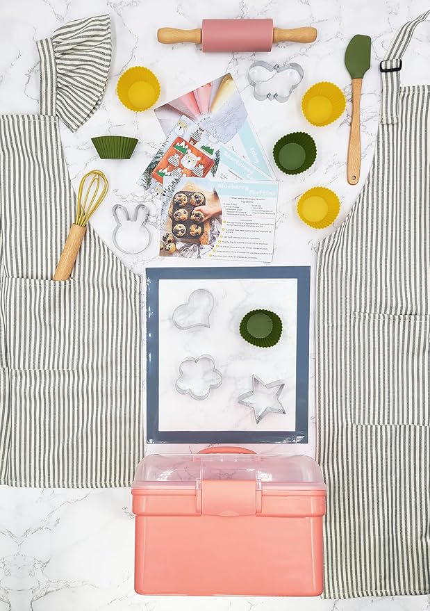 Kids Baking Set with Elegant Matching Apron for Child and Adult, Storage case, Real Working Utensils, Cookie Cutters, and Baking Supplies