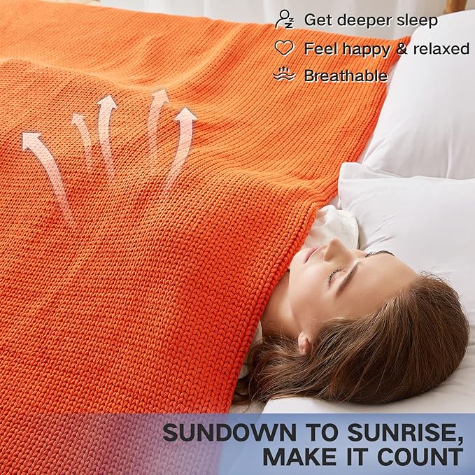 Knitted Weighted Blanket(Orange 50"x75" 12lbs),Home Décor Cooling Throw Blanket for Hot Sleepers,Hand Made Chunky Knit Heavy Blanket for Adults Use on Full Size Bed