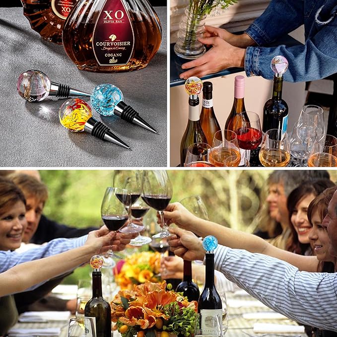 2PCS Hand Blown Glass Wine Stopper Bottle Stopper - Wine Saver, Reusable Wine Corks for Beverage, Stainless Steel Wine Stopper