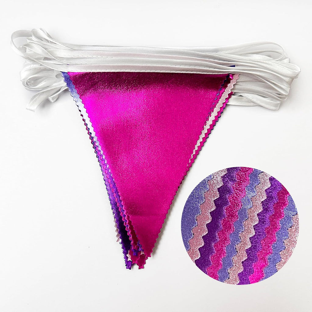 Pink and Purple Party Decorations Metallic Hot Pink Lavender Fabric Triangle Pennant Banner Flag Bunting Garland for Girls Women Birthday Wedding Baby Shower Bachelorette Engagement Party Supplies