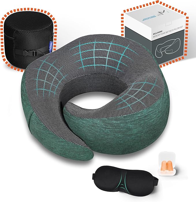 MULIHOMI™ New Packaging Updated Travel Pillow for Airplane with 100% Memory Foam, 360° Adjustable Full Surrounding Flying Neck Pillows, Travel Pillow Set with 3D Eye Masks, Earplugs (Deep Green)