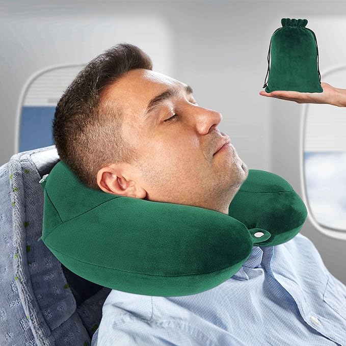 Inflatable Travel Pillow, Comfortable & Supportive Neck Pillow for Traveling, Pain Relief Sleeping Neck Pillows for Airplanes/Cars/Buses/Trains/Office Napping (Green)
