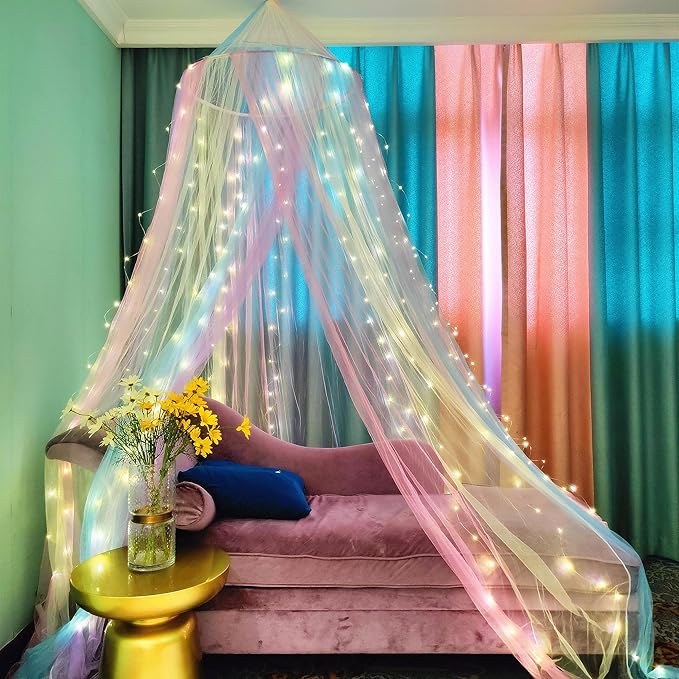 Eimilaly Princess Rainbow Bed Canopy with 250pcs Warm White Curtain Lights, Bed Canopy for Girls Room Decor or Unicorn Theme Party