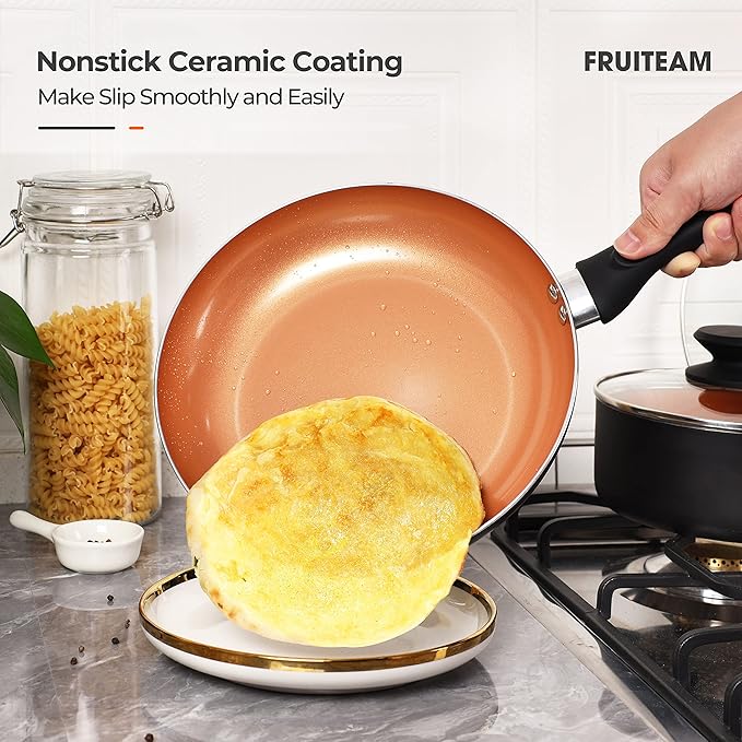 FRUITEAM 6pcs Cookware Set Ceramic Nonstick Soup Pot/Sauce Pan/Frying Pans Set, Copper Aluminum Pan with Lid, Induction Gas Compatible, Black