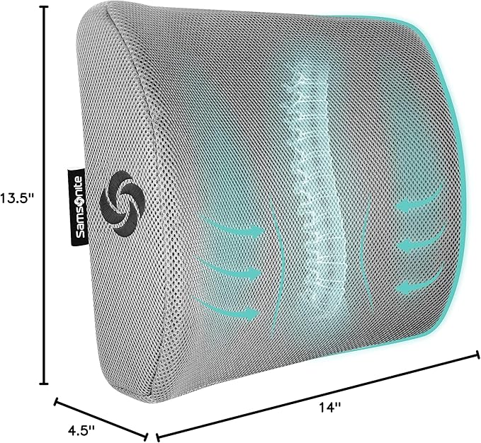 Samsonite SA5244 Ergonomic Lumbar Support Pillow Helps Relieve Lower Back Pain 100% Pure Memory Foam Improves Posture Fits Most Seats Breathable Mesh Washable Cover Adjustable Strap