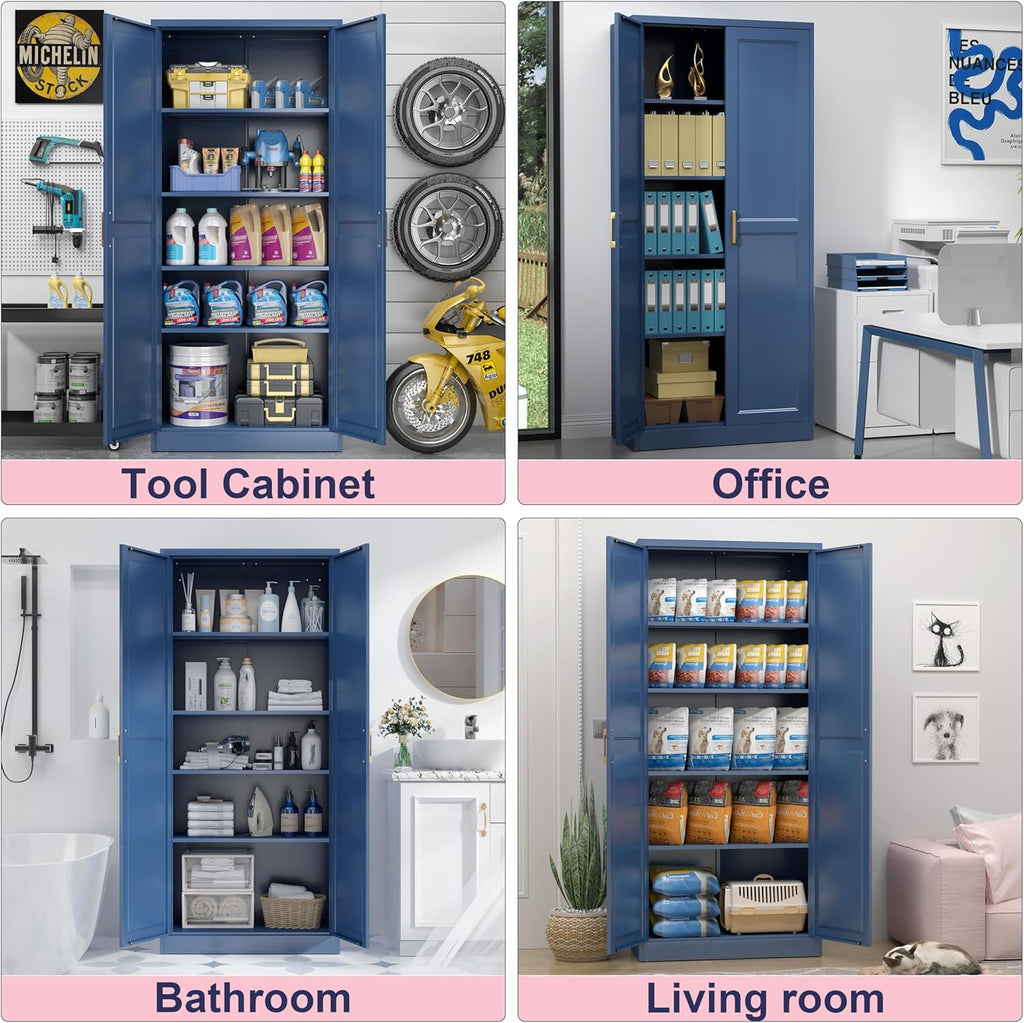 71" Storage Cabinet, Metal Pantry Cabinet, Kitchen Pantry Storage Cabinets with Doors and 4 Shelves, Cabinets for Laundry Room, Living Room, Dinning Room, Assembly Required, Blue