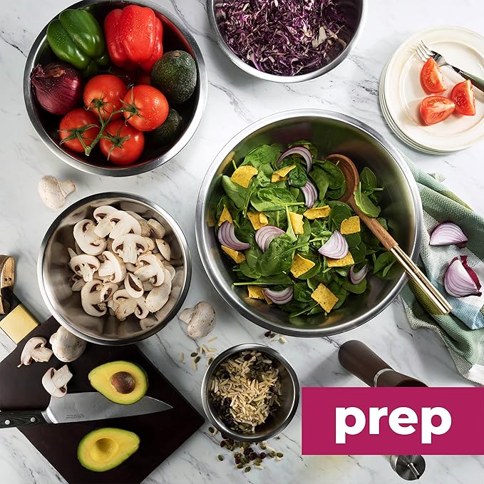 FineDine Stainless Steel Dishware Bowls - Easy To Clean, Nesting Bowls for Space Saving Storage, Great for Cooking, Baking, Prepping, 8 Quarts