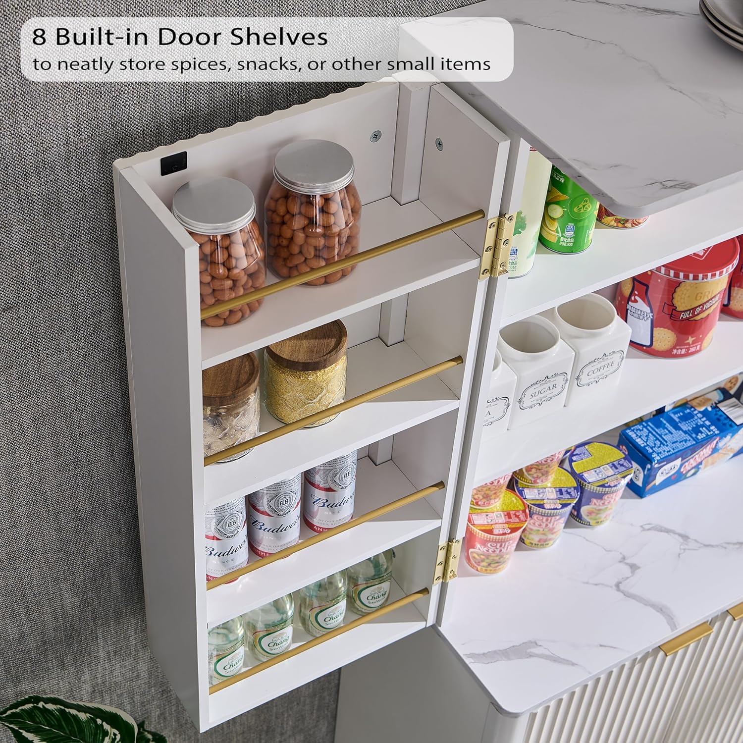 OKD Fluted Kitchen Pantry, 72" Tall Mid Century Modern Storage Cabinet with Adjustable Shelves & Door Organizer, Wood Cabinet for Kitchen, Living Room, Solid White