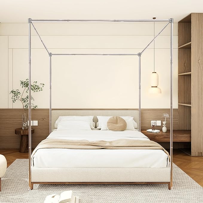 Canopy Bed Frame King Size Stainless Steel Canopy Poles for Bed, Canopy Bed Curtains King Bed Canopies & Drapes for 4 Corner Metal Bed Wood Bed Bedroom Decor