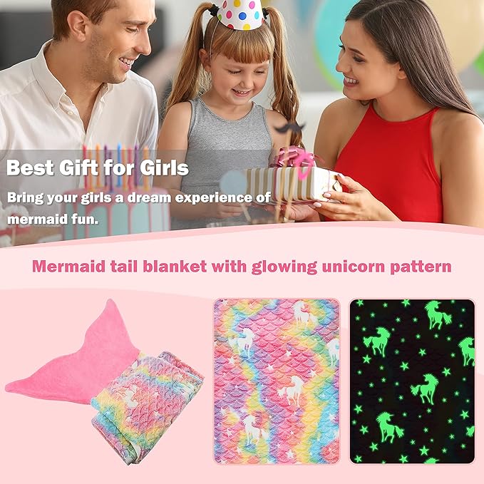 Catalonia Mermaid Tail Blanket for Girls, Glow in The Dark Mermaid Sleeping Bag, Unicorn Pattern, Gift Idea for Kids
