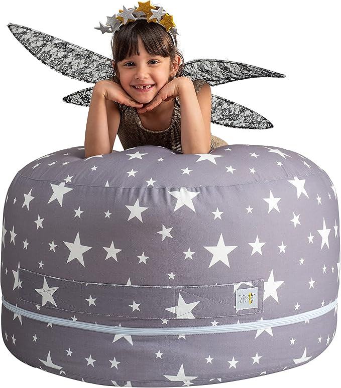 2 Sizes in 1 Stuffed Animal Storage Bean Bag Chair Cover for Kids & Adults | Washable XL Stuffie Seat | 100% Cotton | Pouf Organizer for Plush Toys, Linens, Quilts & Pillows | Twinkle Twinkle