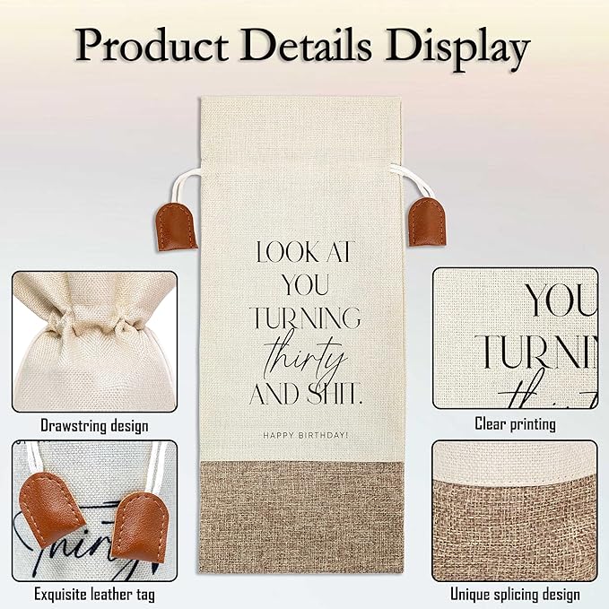 30th Birthday Wine Bag, Cotton Linen Wine Gift Bag With Drawstring, Wine Champagne Bottle Gift Bag, Thirty Years Old Birthday Gifts Wine Bag for Woman Man, 30th Birthday Party Favors-13