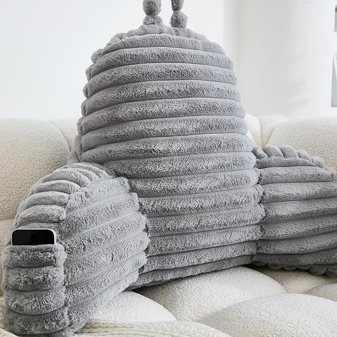 WERDIM Reading Pillow for Sitting in Bed, Faux Fur Back Pillow for Bed Rest, Bed Chair Pillow with Arms and Pockets(Standard, Grey)