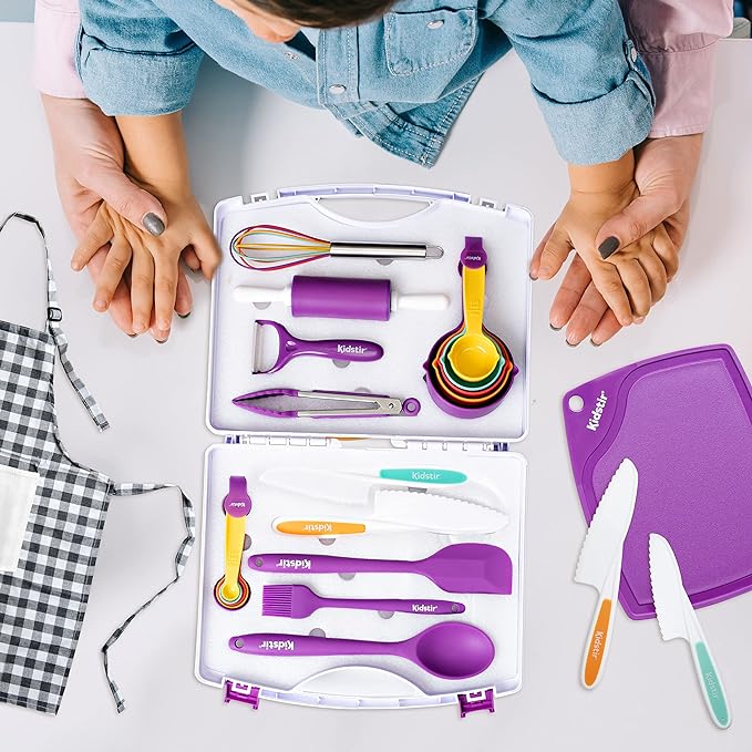 KIDSTIR Kids Cooking Sets Kids Baking Set 34 Piece Real Cooking Set for Kids with Organizer Carrying Case, Kids Cooking Utensils for Girls and Boys Kid Cooking Gift Set and Baking Set for Kids