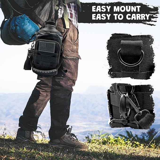 1 Gallon Water Bottle Insulated - 84 Oz Stainless Steel Metal Water Jug with Holder - | Carrying Bag | Spout Handle | Straw Lids | Keep Cold & Hot | - Black Tactical Flask