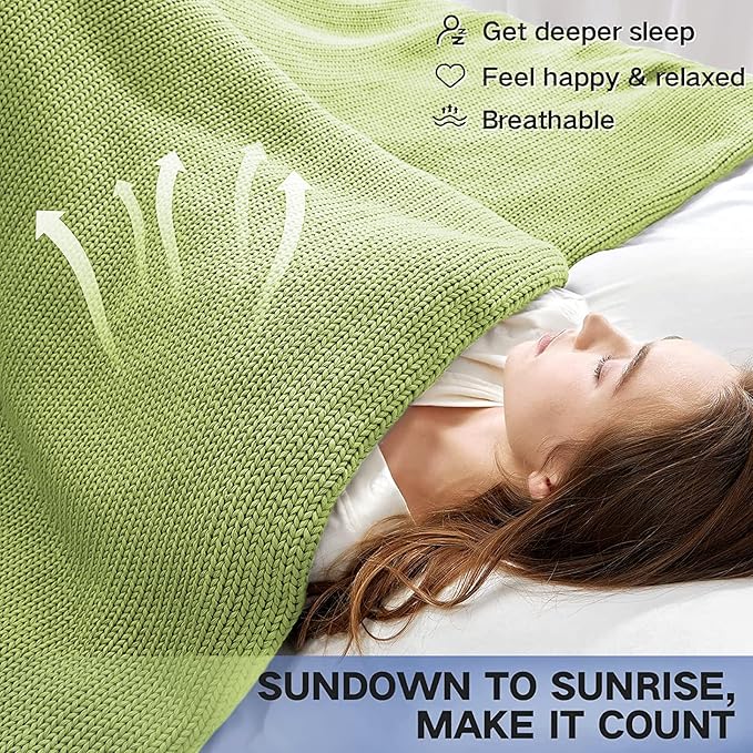 Knitted Weighted Blanket(Light Green 60"x80" 15lbs),Home Décor Cooling Throw Blanket for Hot Sleepers,Hand Made Chunky Knit Heavy Blanket for Adults Use on Queen/King Size Bed